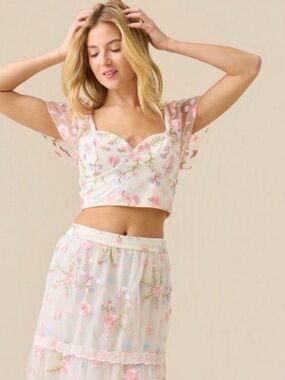 Altar'd State Ambrose White Floral Mesh Sleeve Crop Top